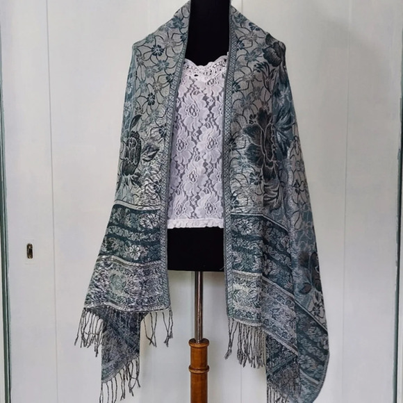 Gorgeous Shades of Blue Scarf Wrap Floral Design with Metallic Silver Accents - Picture 13 of 13
